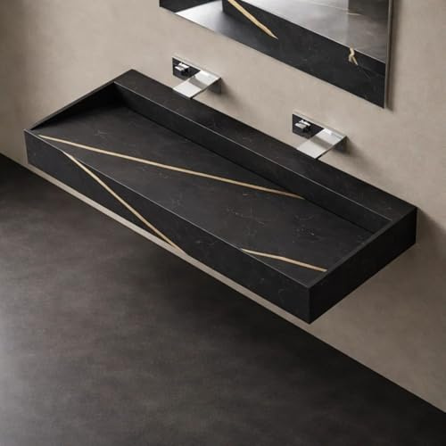 Freya - Lavabo suspendido de piedra artificial, color negro y avellana veteada, 120 x 50 x 15 cm, rectangular