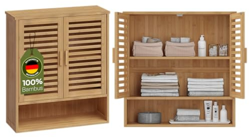 Bellamio Newa Hängeschrank Bambus, 3 Fächer, 2 Türen, Wandmontage, lackiert | Badschrank, Badezimmerschrank hängend, Wandregal, Holzregal 65x59x21 cm, Bambusregal, Badmöbel, Wandschrank, Hängeregal
