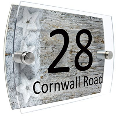 CS Printing House Number Sign Plaque Garden Glass Effect Acrylic Sign Door Plate Marble Wall Display 2 Part Branded Acrylic (Stars Wood)