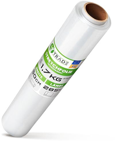 V1 TRADE Stretchfolie 500mm Transparent Strechfolienrolle - Wickelfolie - Handstretchfolie 285m/50cm Verpackungsmaterial - Verpackungsfolie - Folie Für Möbel - Folien Für Umzug - Umzugsfolie