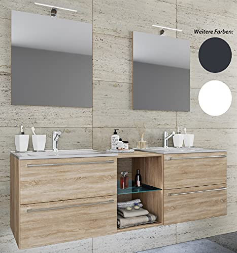 VCM 3-TLG. Set | 2 Waschtisch, 2 Spiegel, 2 Waschbecken, 1 Mittelfach | Keramik Waschbecken | Unterschrank 195 cm | Badmöbel Set Doppel Waschplatz - Badinos XXL