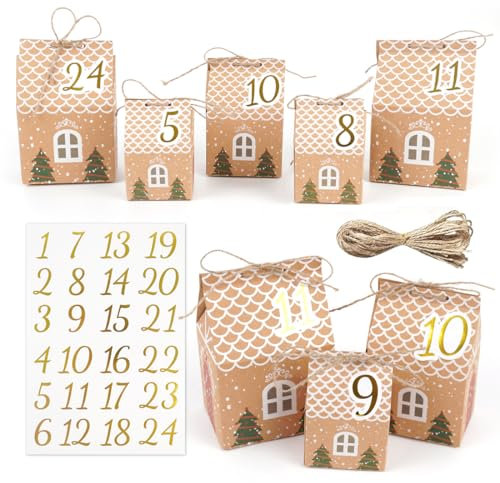 Adventskalender zum Befüllen Häuser, 24 Adventskalender Boxen 3 Größen mit Zahlenaufklebern, Adventskalender Selber Basteln, DIY Adventskalender für Weihnachtlichen zum Basteln und Befüllen