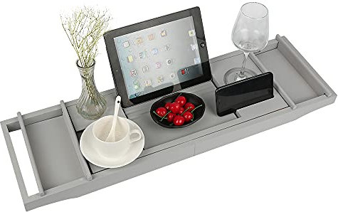 Bambus Badewannenablage Ausziehbar Badewannentablett, SPA Experience Wannenablage, Integrierter Buch und Regalhalter Weinglashalter, Stabile Badewannenbrett (Grau)