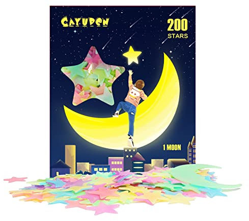 Leuchtsterne Kinderzimmer Plastik, CAYUDEN 201pcs Bunt Leuchten im Dunkeln Sterne Aufkleber für Decke 3D Sterne und Mond Leuchtsterne Plastik Wandaufkleber für Decke Wandtattoo Kinderzimmer