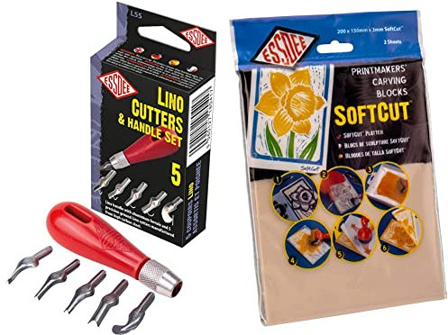 ESSDEE Five Lino Cutters and Handle Set (Lino Cutter Styles 1 to 5) & Essdee SoftCut Printmaking and Carving Blocks, PVC, Multi-Colour, 200x150mm