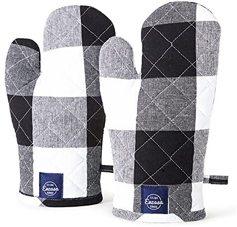 Encasa XO Long 18x30 cm Oven Microwave Hand Gloves Mitts (2 pc set) for Kitchen Cooking & Baking - Heat Resistant, Thick & Safe, Protection of Hands from Hot Utensils, Grill - Buffalo Black Checks