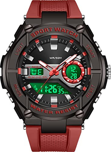 findtime Digitaluhr Herren Sport Militär Uhren Männer 5ATM Wasserdicht Herenuhr Elektronisch mit Timer Alarm Dualzeit Tactical Watch Outdoor Armbanduhren Groß Beleuchtung Rot