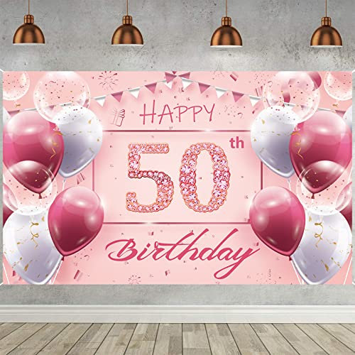 50. Geburtstag Banner Rosa - Hintergrund für Party Deko, Frauen und Männer - Geburtstagsbanner 50 Jahre