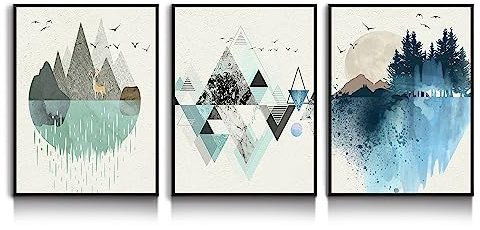 hyidecorart Abstrakte Bilder Mit Rahmen Schwarz, Grün und Blau Geometrische Berg Landschaft Leinwand Wandkunst, Modern Nordischer Wandbilder Wohnzimmer Schlafzimmer Esszimmer Küche und Badezimmer