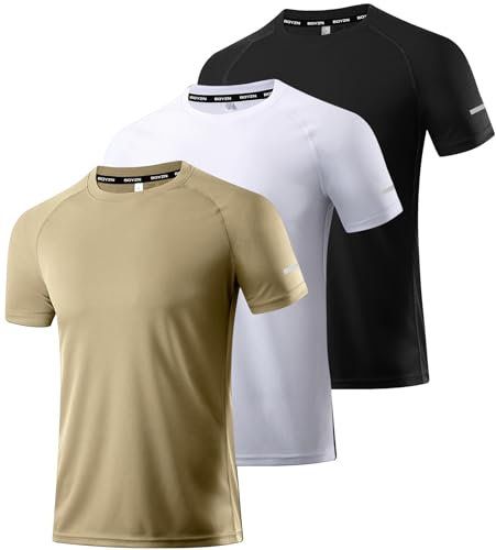 3er Pack Herren Sportshirt Atmungsaktiv Schnelltrocknendes Laufshirt Leichte Trainingsshirt Funktionsshirt Wandershirt Fitnessshirt Sommer Kurzarm T-Shirt für Männer Black/White/Khaki-3P12-M
