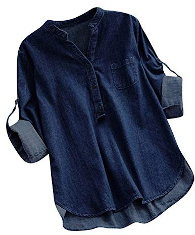 TDEOK jeansskjorta för kvinnor, långärmad midja, toppar, stora storlekar, eleganta damblusar, vintage, långblus, ledig långskjorta med knappslå långtoppar, vintage, jeansblus, skjortblus, blusskjorta, Mörkblå, XXL