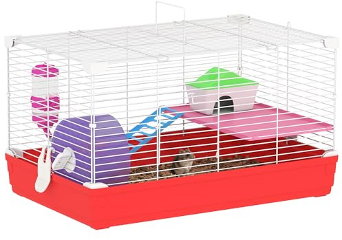 PawHut Gabbia per Criceti 2 Livelli Casetta 47x30x27 cm Rosso e Bianco