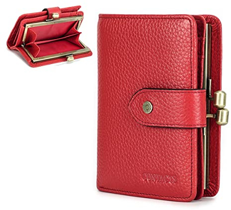 CONTACTS Geuine Kleine Faltbörse aus Leder für Damen, mit Münzfach, RFID-blockierende Kartenbörse, Rot/Ausflug, einfarbig (Getaway Solids), Kiss Lock