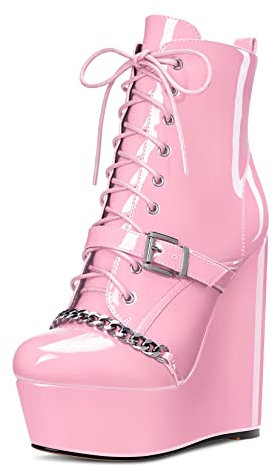 OISEGOP Donna Alto High Zeppa Piattaforma Tacco Heel Rotonda Punta Stivaletti Lacci Catena Metallo Feste Cute Stivali Rosa 40 EU