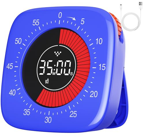 Dealswin Visual Timer - Rechargeable Digital Timer with 4 Alarm Modes, 60 Min Countdown for Kids, Kitchen, Office (Blue)