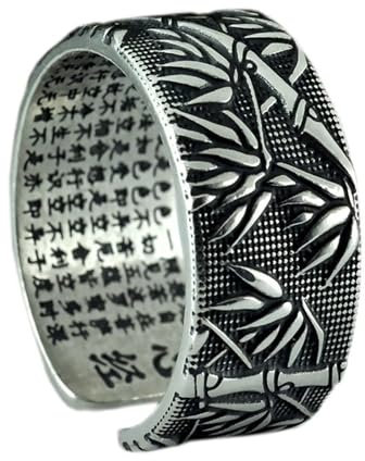Bambus Ringe,Herz Sutra Schriften Gravierte Ring,999 Sterling Silber Schmuck Herren Öffnung Typ Einstellbare Ring,10mm