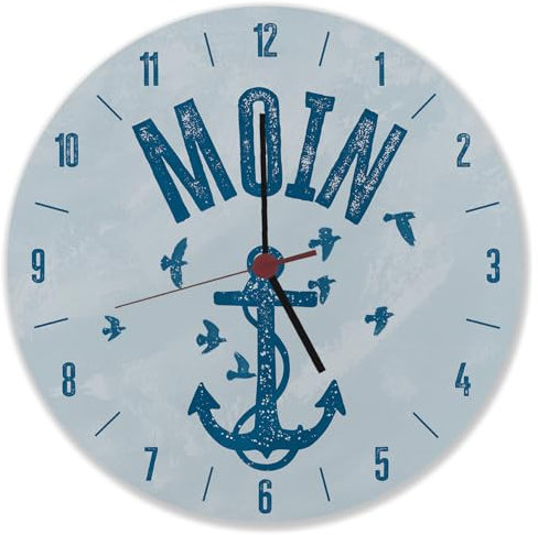 speecheese Moin Anker Wanduhr Uhr mit norddeutschem Gruß und Ankermotiv in Blau plattdeutsch als lustige Deko für Hamburger oder norddeutsche
