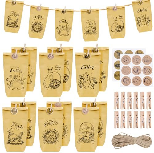 Zoyomax 12 Stück Ostersäckchen zum Befüllen, Geschenktüten Ostern mit Holzclip, Ostern Aufkleber und Hanfseil, Ostertüten zum Befüllen, ideale Mitgebsel Geschenkidee oder Oster Dekoration