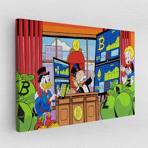 Leinwandbild Pop Art Graffiti Geld Money Dagobert Duck Monopoly Dollar Scrooge McDuck Abstrakt Wandbilder Wohnzimmer Schlafzimmer Büro Wanddekoration Deko XXL günstig (Leinwand, 100x75 cm)