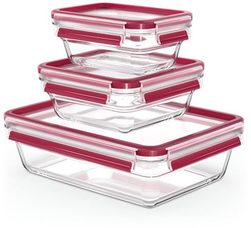 Tefal Masterseal Fresh N1050910 Frischhaltedosen aus Glas, 2 rechteckige 0,45 l und 2 l + 1 quadratische 0,8 l, stapelbar, ofen- und gefriergeeignet