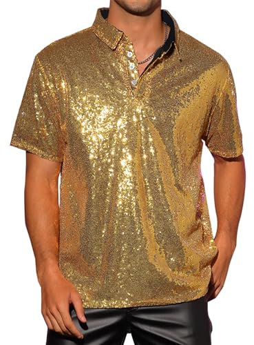 Acrawnni Herrenhemd mit glitzernden Pailletten, Vintage-Sommer, 1/4 Glitzerknopf, kurzärmelig, Disco-Top, 70er-Jahre-Party, Club, glänzendes Hemd, Rave-Tops, A-Gold, XL