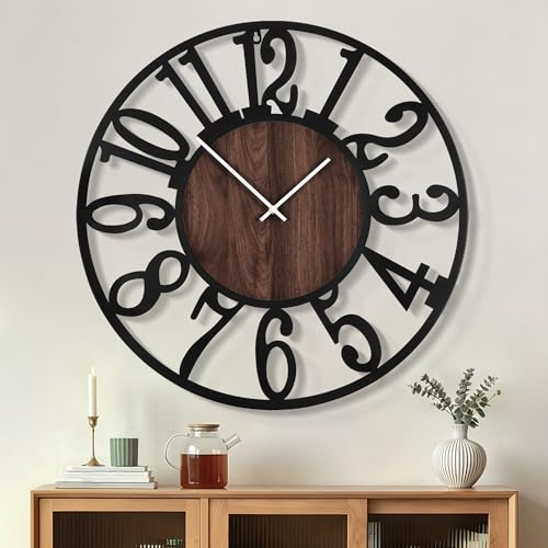 HAITANG Extra Large Wall Clocks,Silent Little Ticking,Battery Operated Vintage Round Modern Wood Wall Clock for Living Room, Bedroom,Farmhouse,Office Decor-32IN (80cm, Black-Arabic Number)