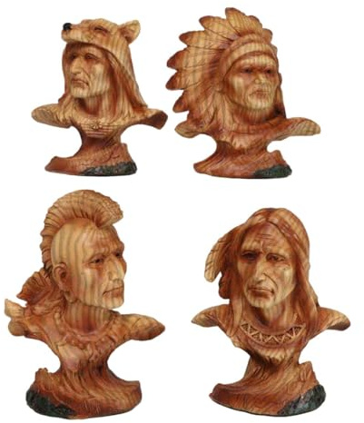 Ebros Gift Set mit 4 Gesichtern der Indianer Sioux Indianer-Krieger Häuptling aus künstlichem Zedernholz, 10,2 cm hoch, als Heimdekoration, Skulptur, Kulturerbe, Geschichte, Skulptur