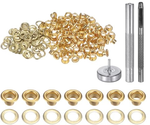 QUARKZMAN Grommet Werkzeug Kit, 100 Pcs 3,5mm Ösen mit 2 Ösenzange & 1 Scheiben Set, Metallösen Kupfer Tülle Stanzwerkzeug für Stoff Planen Leder Gewebe Vorhang Poolabdeckung, Gold