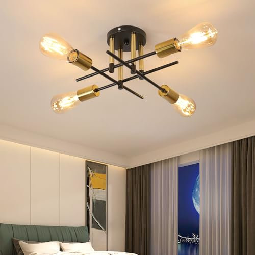 Dorlink Chandelier Light, 4 Lights Industrial Ceiling Light Black Gold, E27 Chandelier Lighting Vintage Semi Flush Mount for Living Room Bedroom Kitchen Dining Room Hallway Ø41CM (No Bulbs)