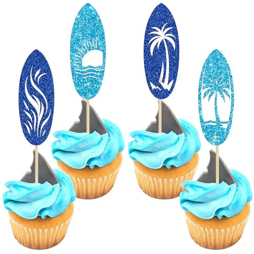 Gyufise 24Pcs Surfboard Cupcake Toppers Blue Glitter Surfboard Beach Cake Decorations Picks for Swimming Pool Summer Beach Party Luau Birthday Baby Shower Party Supplies