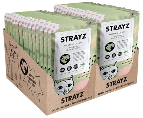 STRAYZ - Bio Katzenfutter Nass - Huhn & Zucchini, Getreidefreies Premium Nassfutter für Katzen mit 95% Fleischanteil ohne Zucker - 28x85g Beutel