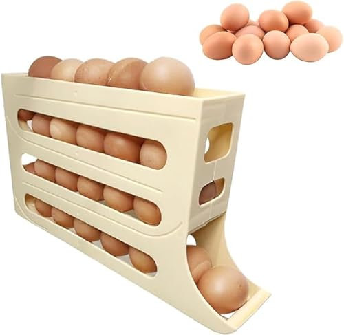 FUIBEJAE Portauova a 4 Livelli per Frigorifero, portauova a 30 Uova per Frigorifero, organizzatore di Uova per Frigorifero a rotolamento Automatico, per Frigorifero, Cucina,Beige,3pcs