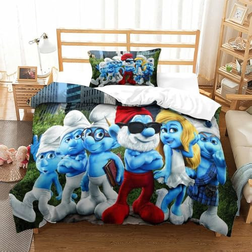 Rochile Smurfs 3D Bettwäsche Set Kinder Bettbezug Set Betten Set Für Kinder Mädchen Jungen 2 Stück Ultraweiche Mikrofaser Bettwäsche Set Single(135x200cm)