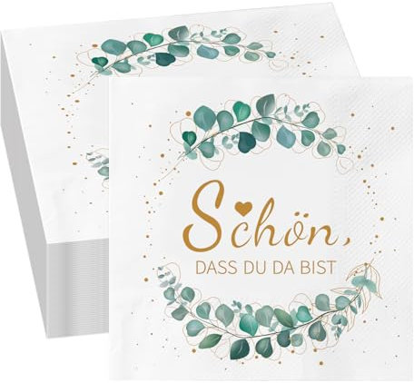 GROVBLE 40 Stück Servietten Schön Dass Du Da Bist, Eukalyptus Grün für Hochzeit, Geburtstag und Jede Feier, Party Tischdeko