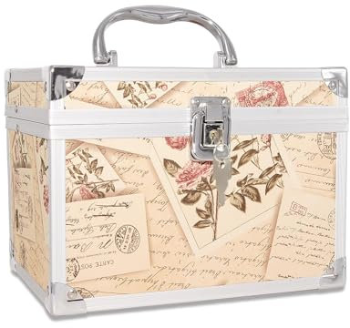 VNIMTI Portable Makeup Box,Vanity Train Case with Mirror,Cosmetic Storage Bag Tray,Large Beauty Nail Box Organiser for Vanity,Lockable Travel Make Up Tools Holder with Key Handle (Retro Stamp - S)