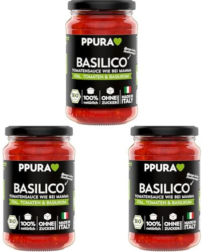 PPURA Bio Tomatensauce Basilico | Pasta-Sauce mit italieischem Basilikum | Sugo Made in Italy | 100% Natürlich | Nudel-Soße Vegan Zuckerzusatz & Konservierungsstoffe | 340g Glas (Packung mit 3)