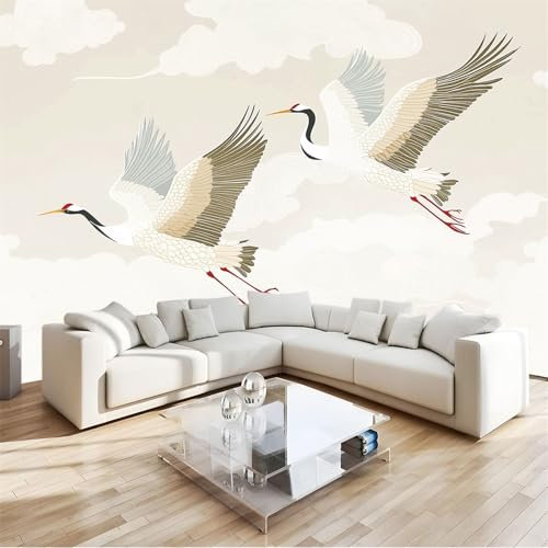 Chambre Papier Peint Panoramique Grue Animale Nuages Poster Geant Mural, Beige Papier Peint Intissé Mural pour Salon Canapé TV Fond Décoration Murale 350x256cm