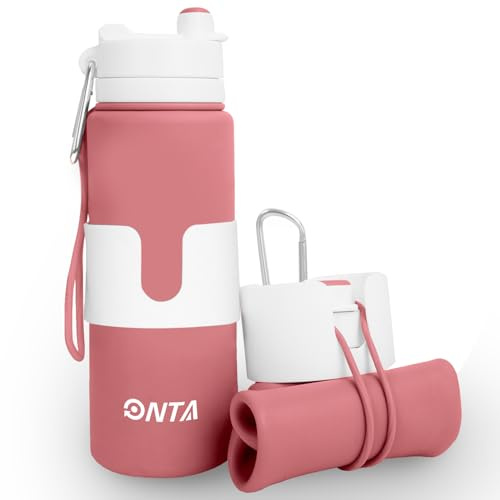 ONTA Collapsible Water Bottle - 750ml Silicone Portable Leak Proof BPA-Free Collapsible Sports Bottle for Travel and Gym - Removable Cup Sleeve (Pink)