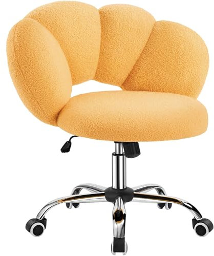 Yaheetech Sedia da Ufficio Scrivania Cameretta Imbottita Senza Braccioli Ergonomica con Ruote Girevole, Schienale Design a Nuvola in Tessuto Bouclé, Altezza Regolabile Giallo