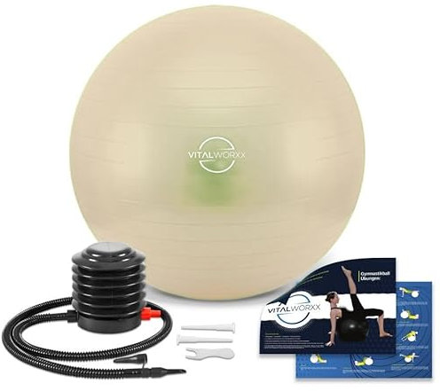 VITALWORXX Gymnastikball für Schwangere, extrem stabil, Sitzball Yogaball Pezziball mit Pumpe, mit Übungen für Schwangerschaft, Geburt, Gesundheit, (beige, 75)