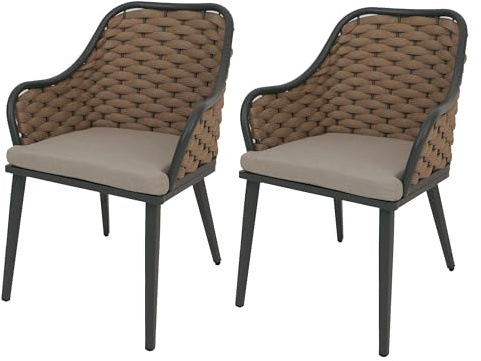 Mendler 2er-Set Aluminium-Gartenstuhl HWC-O16 - beige Kissen Hellbraun | Outdoor, Stuhl, Olefin, (200, g/m²) Seilgeflecht, Rope