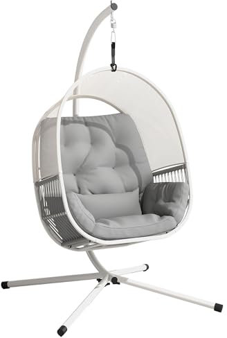 Outsunny Hanging Egg Chair Outdoor Indoor, Swing Hammock Chair with Stand, Cushions, Lumbar Pillow, Adjustable Height and Steel Frame for Garden Patio Lounge Porch, Light Grey
