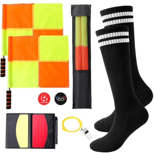 Hoemwarm 5 Pack Soccer Referee Flags Kit, Referee Accessories Set with Linesman Flags, Soccer Socks, Referees Cards, Stainless Steel Whistle, Referees Toss Coin