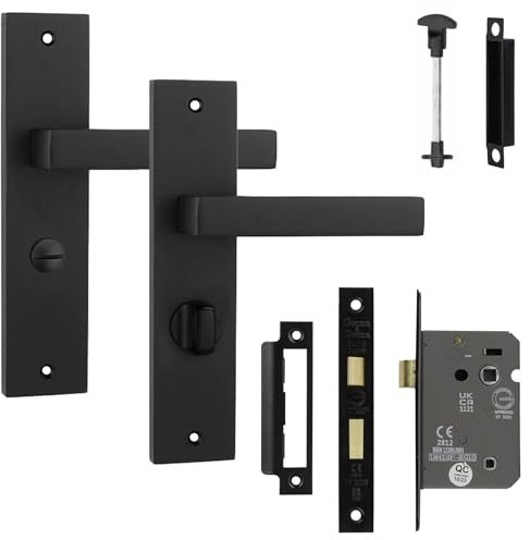 Decoranddecor Lumina Matt Black Lever Door Handles with Bathroom Thumb-Turn and 2.5in Internal Lock – Modern Backplate, Contemporary Internal Door Handles with Art Deco Accent for Homes
