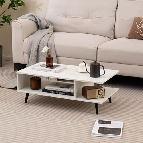 COSTWAY Table Basse avec Rangement, Table de Salon avec Étagère Ouverte, Pieds en Métal Effilés, Design Géométrique en L, pour Salon, 80 x 45 x 30 cm (Blanc)