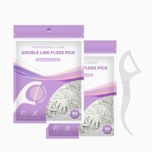 VANSUKY Twin-Line Zahnseide-Plektren – 200 Stück (2 x 100 Stück) – Posterior Reach, dünner & stärkere Zahnseide – schnipselfest – Plaque Entfernung & Zahnfleischpflege