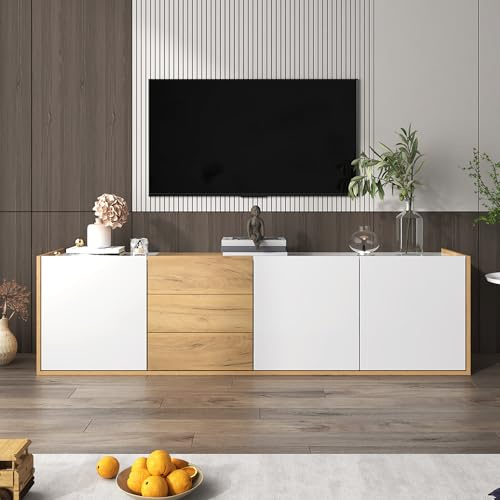 FammyLoft 171,5cm TV Schrank mit 3 Schubladen und 3 Schranktür, Wand Gehängt oder auf den Boden Gestellt Werden Können, Fernseher Schrank für Wohnzimmer, TV Lowboard, Weiß und Holzfarbe