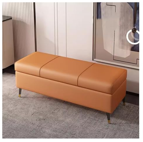 Ottomane aus Kunstleder mit Stauraum, rechteckig, gepolsterter Fußhocker für Schlafzimmer, Wohnzimmer, Eingangsbereich, stilvolle Truhe in Orange (120 cm)
