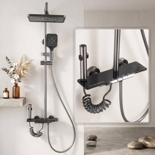 CALISTOUK Columna de Ducha Negro con 4 Botones de Piano, Sistema de Ducha con Rociador de Lluvia y Ducha de Mano, Conjunto de Ducha Ajustable en Altura 67-107cm para Baño-D5