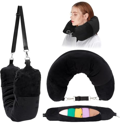 FOSDICK Nackenkissen Befüllbar, Flugzeug Aufblasbar Reisekissen, Flugzeug Reisekissen befüllbar mit Kleidung, Schwarz Travel Pillow Nackenhörnchen, für Zug Auto Büro Camping Reise Gadgets